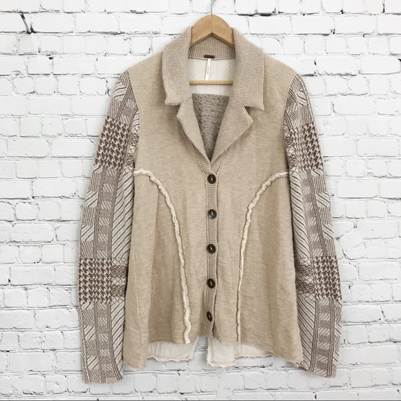 Free People Sweaters - Free People Tan Patchwork Button Up Cozy Sweater